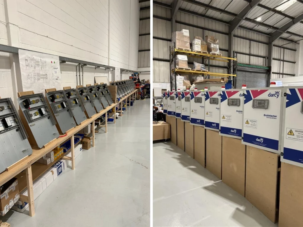 Image shows rows of Draintector drain closure system control panels in production in our new unit